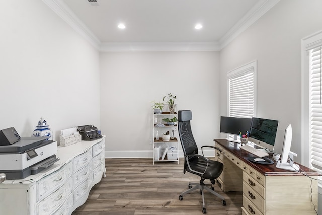 office space featuring dark hardwood / wood-style floors and ornamental molding