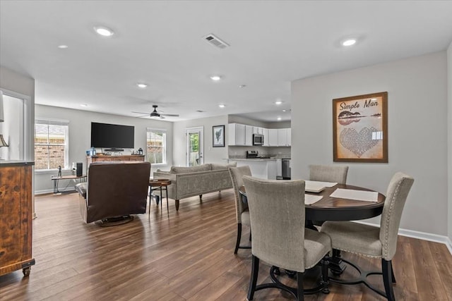 630 Ridgeland Rd, Dothan, AL 36301 - dining space featuring ceiling fan, dark wood-style floors, and recessed lighting