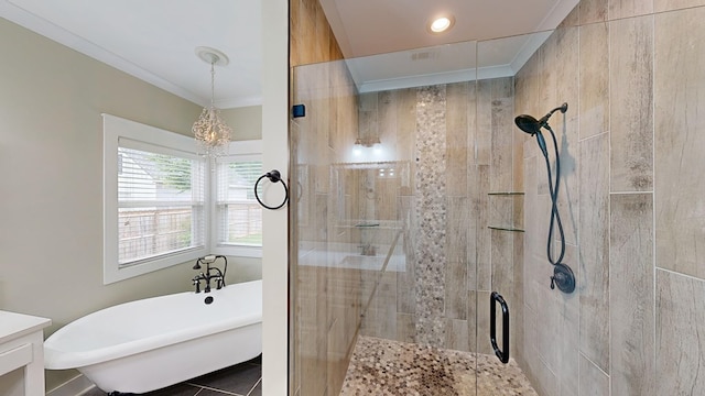 bathroom with vanity, plus walk in shower, tile patterned floors, crown molding, and a notable chandelier