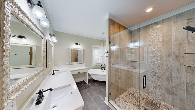 bathroom featuring shower with separate bathtub, vanity, and crown molding