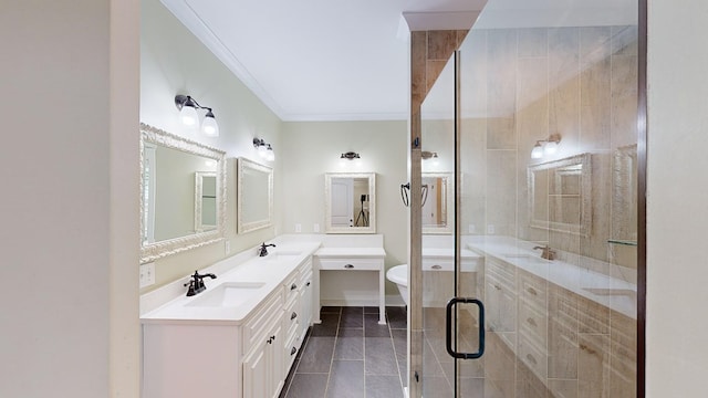 bathroom with tile patterned flooring, vanity, separate shower and tub, and crown molding