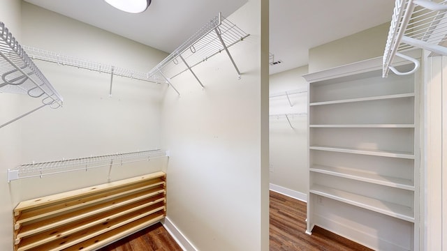 spacious closet with dark wood-type flooring