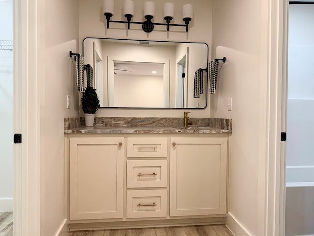 bathroom with hardwood / wood-style floors and vanity