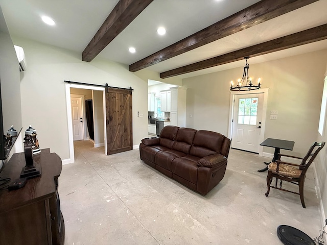 245 County Road 422, Abbeville, AL 36310 - living room featuring a barn door, a chandelier, recessed lighting, unfinished concrete floors, and a wall unit AC