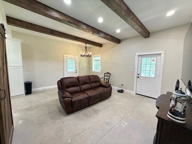 245 County Road 422, Abbeville, AL 36310 - living room with unfinished concrete flooring, recessed lighting, plenty of natural light, beam ceiling, and a chandelier