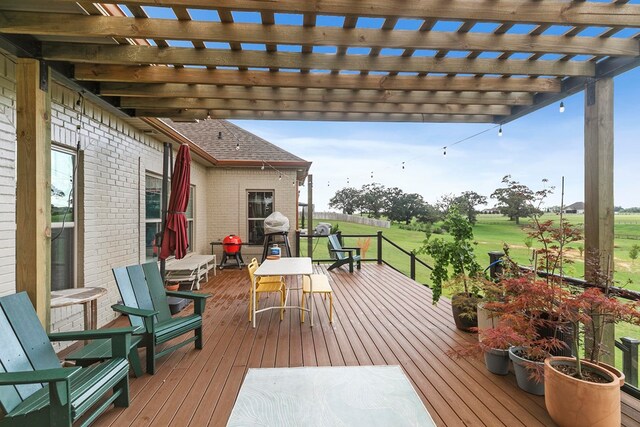 481 Grace Dr, Newton, AL 36352 - wooden deck with view of golf course, a pergola, a lawn, and outdoor dining area