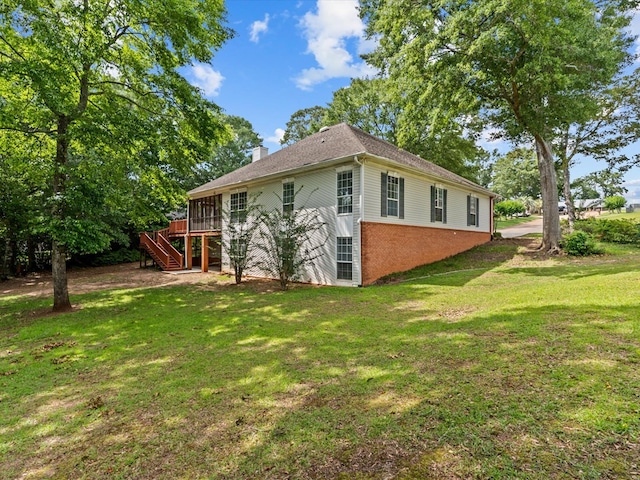 3602 Lake Oak Ridge Dr, Enterprise, AL 36330 - rear view of property with stairs, a chimney, brick siding, a yard, and a wooden deck
