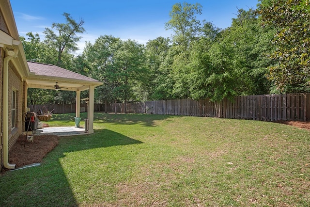 view of yard with ceiling fan and a patio area