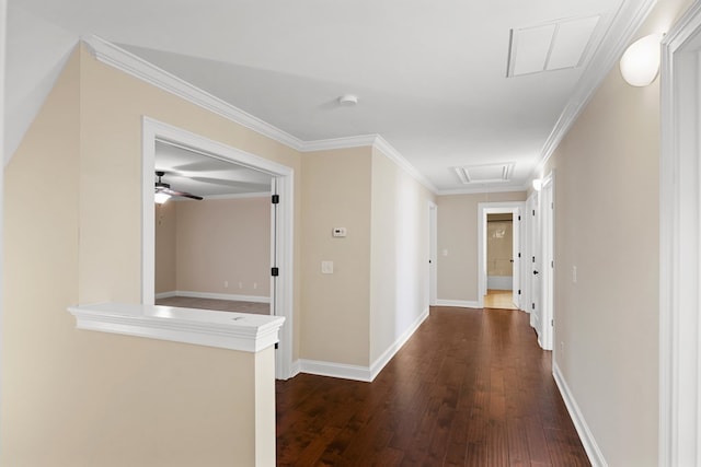 corridor with crown molding and dark hardwood / wood-style floors