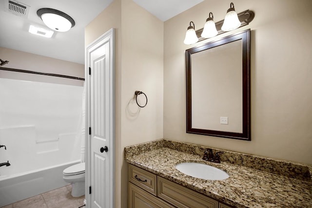 full bathroom featuring tile patterned flooring, shower / washtub combination, vanity, and toilet