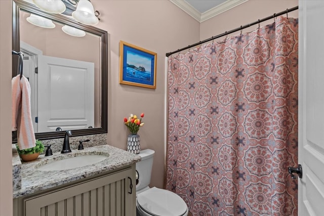 bathroom with a shower with shower curtain, toilet, vanity, and ornamental molding