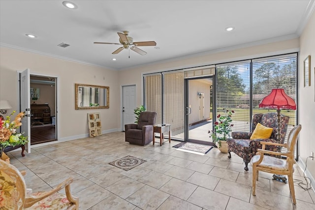 sitting room with visible vents, baseboards, ceiling fan, ornamental molding, and recessed lighting