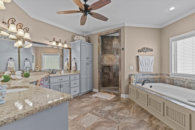 bathroom featuring crown molding, ceiling fan, vanity, tiled shower, and a garden tub