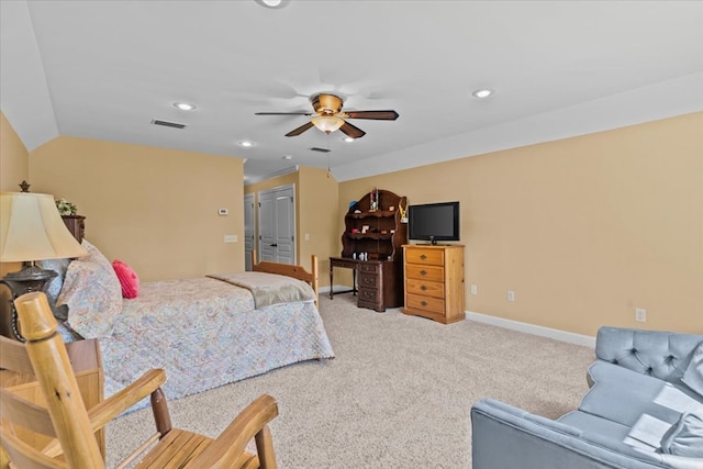 carpeted bedroom with visible vents, baseboards, ceiling fan, recessed lighting, and vaulted ceiling