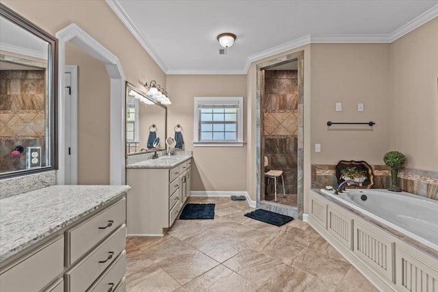 bathroom with crown molding, tiled shower, a garden tub, and visible vents