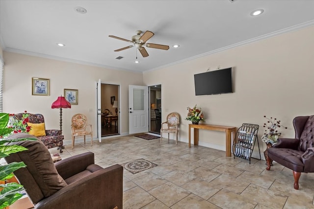 living room with ornamental molding, visible vents, recessed lighting, and a ceiling fan