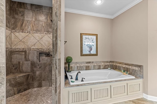 full bath with baseboards, a bath, a walk in shower, and ornamental molding