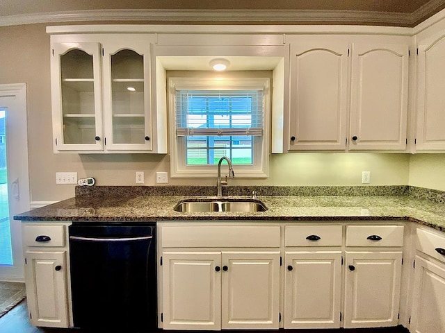 30 Cotton Creek Blvd, Enterprise, AL 36330 - kitchen featuring dishwasher, white cabinetry, glass insert cabinets, dark stone counters, and ornamental molding