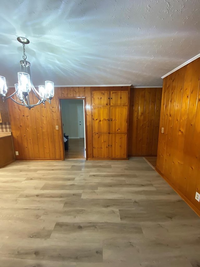 interior space with light hardwood / wood-style floors, an inviting chandelier, and wooden walls