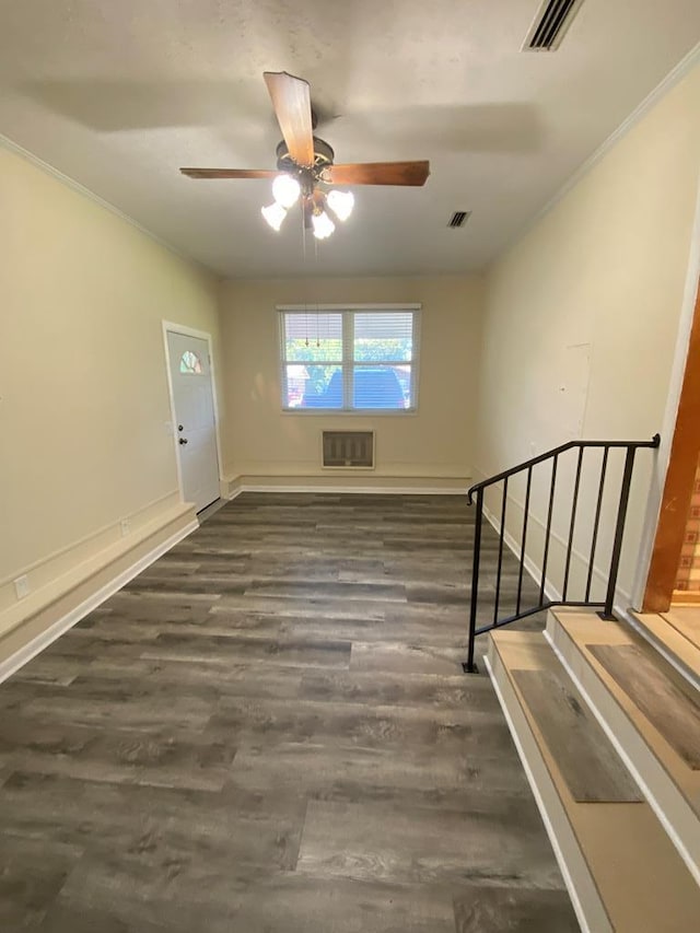 foyer featuring dark hardwood / wood-style flooring, ceiling fan, and ornamental molding