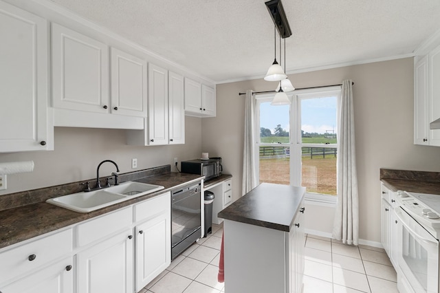 kitchen with white cabinetry, sink, a center island, pendant lighting, and black appliances