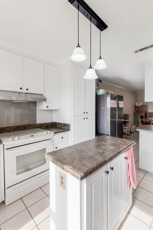 kitchen with white cabinetry, a center island, white range with electric cooktop, pendant lighting, and light tile patterned floors