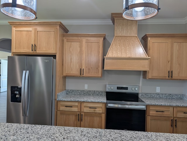12589 Fortner St, Newton, AL 36352 - kitchen featuring appliances with stainless steel finishes, ornamental molding, custom range hood, light stone countertops, and decorative light fixtures