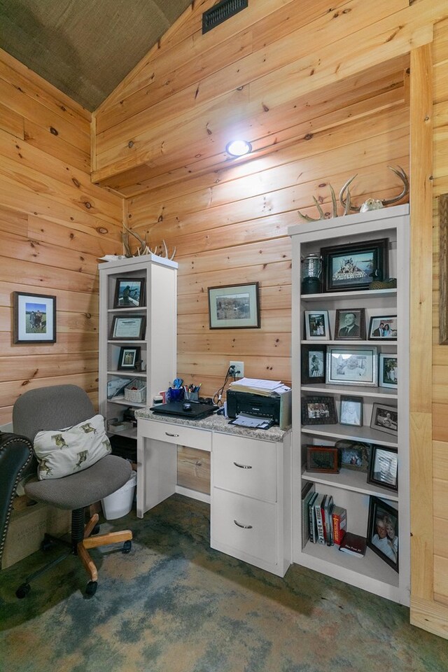 806 County Road 14, Midland City, AL 36350 - office area featuring lofted ceiling, wooden walls, and dark carpet