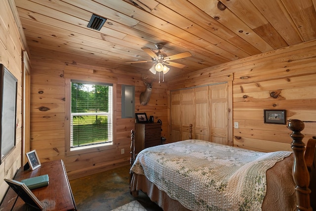 806 County Road 14, Midland City, AL 36350 - bedroom featuring wooden walls, wood ceiling, a closet, and ceiling fan