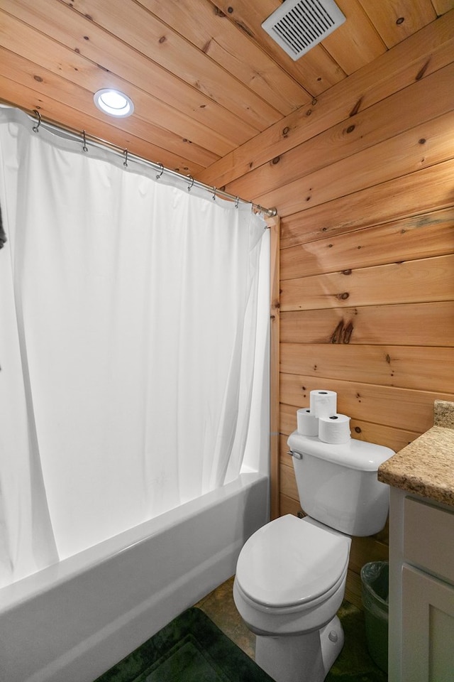 806 County Road 14, Midland City, AL 36350 - full bathroom featuring vanity, toilet, shower / bath combo with shower curtain, recessed lighting, and wood walls