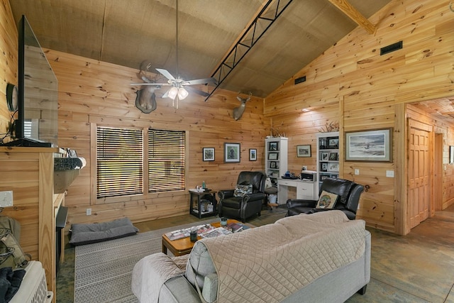 806 County Road 14, Midland City, AL 36350 - living room with wooden walls, a ceiling fan, concrete flooring, and high vaulted ceiling