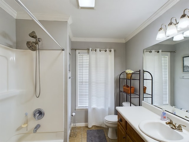 bathroom featuring toilet, ornamental molding, tile patterned flooring, vanity, and shower / bathing tub combination