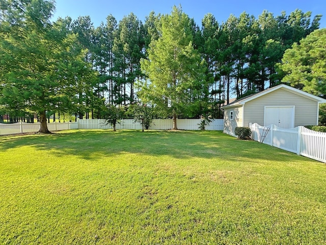 view of yard with an outbuilding and a fenced backyard