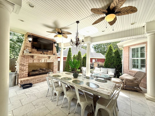 403 Stonegate Dr, Dothan, AL 36305 - view of patio featuring an outdoor living space with a fireplace, a ceiling fan, and outdoor dining space