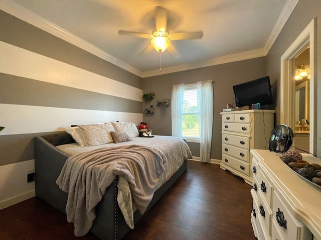 1621 Adkinson Rd, Newton, AL 36352 - bedroom featuring dark wood finished floors, ornamental molding, baseboards, and ceiling fan