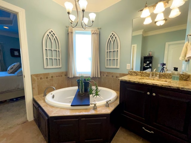1621 Adkinson Rd, Newton, AL 36352 - bathroom with a chandelier, vanity, connected bathroom, a jetted tub, and ornamental molding