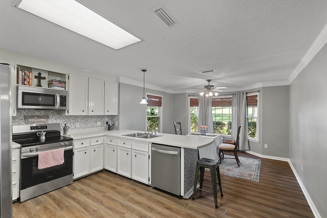 102 Lindsey Ln, Dothan, AL 36305 - kitchen featuring stainless steel appliances, a peninsula, a sink, crown molding, and wood finished floors
