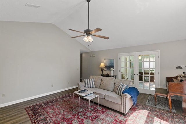 102 Lindsey Ln, Dothan, AL 36305 - living room with french doors, wood finished floors, ceiling fan, lofted ceiling, and baseboards