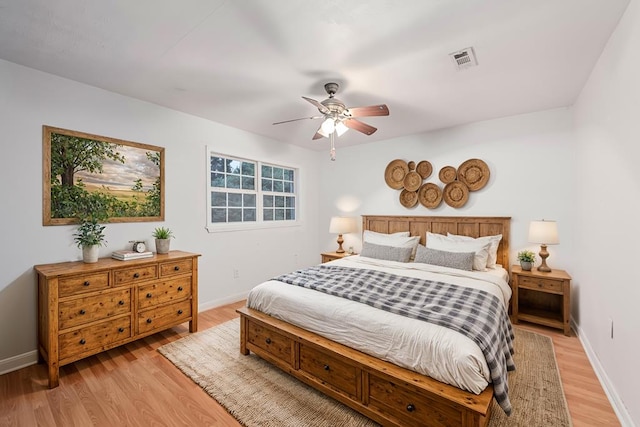 bedroom with ceiling fan and light hardwood / wood-style floors