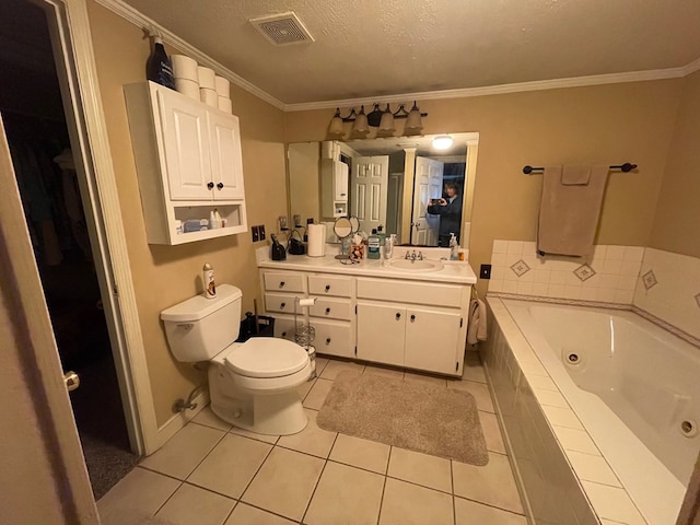 bathroom featuring tile patterned floors, ornamental molding, a textured ceiling, and tiled tub