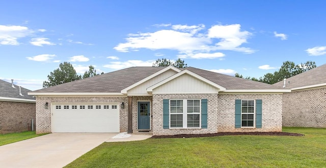 ranch-style home with an attached garage, a front lawn, brick siding, board and batten siding, and driveway