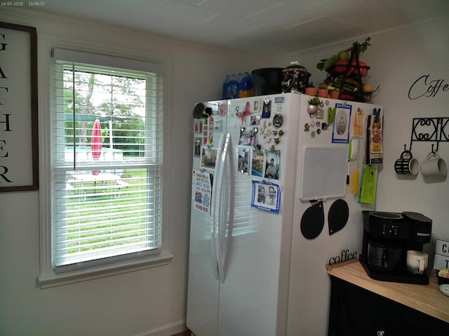 4301 County Road 156, Enterprise, AL 36330 - kitchen featuring plenty of natural light, white fridge with ice dispenser, light countertops, and ornamental molding