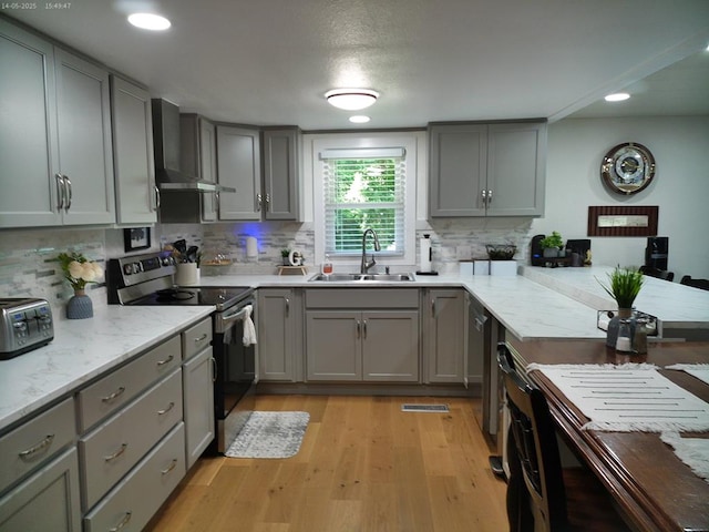 4301 County Road 156, Enterprise, AL 36330 - kitchen with stainless steel electric stove, wall chimney range hood, gray cabinets, a sink, and recessed lighting