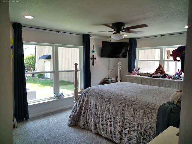 4301 County Road 156, Enterprise, AL 36330 - bedroom featuring carpet floors, multiple windows, a textured ceiling, ceiling fan, and baseboards
