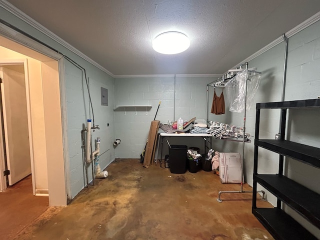 basement featuring crown molding, a textured ceiling, and electric panel