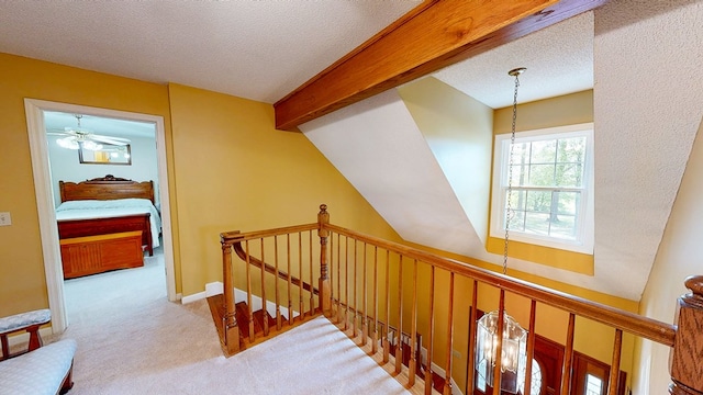 1109 Sanitary Dairy Rd, Cowarts, AL 36321 - stairway featuring lofted ceiling with beams, carpet floors, a textured ceiling, and baseboards