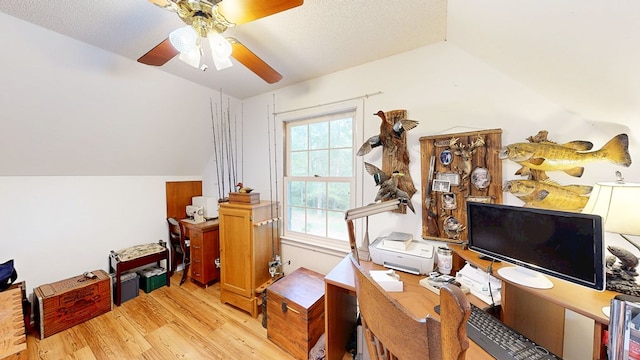 1109 Sanitary Dairy Rd, Cowarts, AL 36321 - office space featuring light wood finished floors, lofted ceiling, ceiling fan, and a textured ceiling