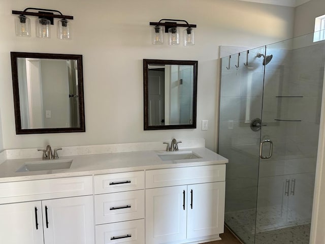 bathroom with vanity and a shower with shower door