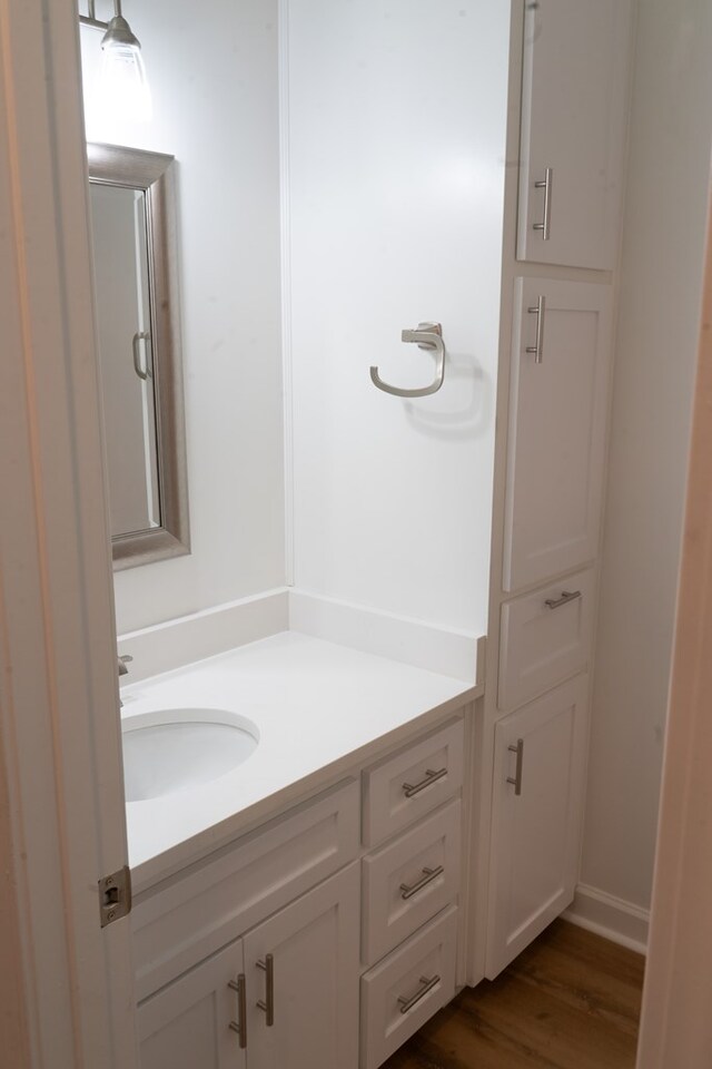 bathroom with vanity and hardwood / wood-style flooring