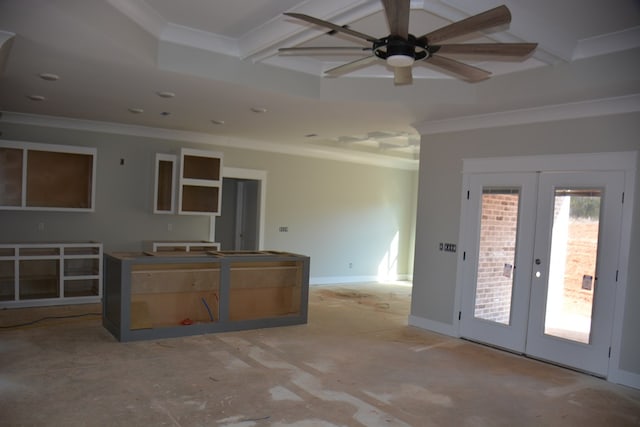 kitchen with ceiling fan, french doors, and ornamental molding